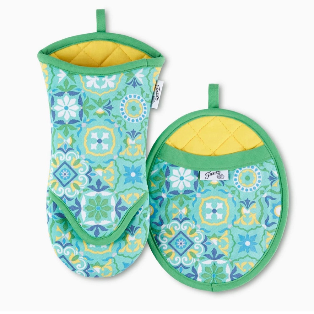 Fiesta Worn Tiles Oven Mitt & Pot Holder Set Turquoise/Blue